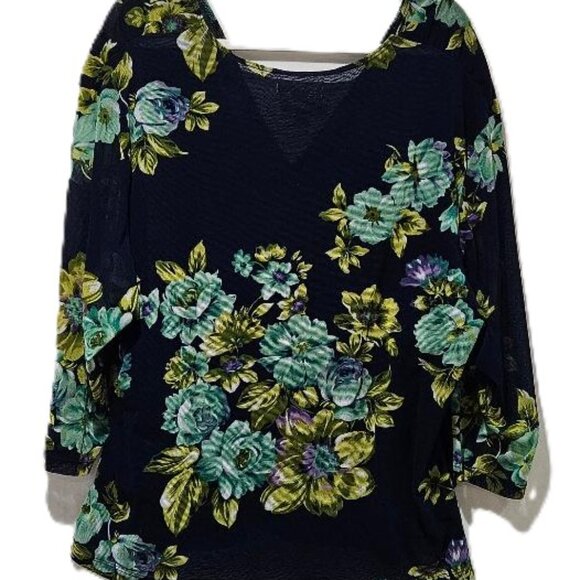 COLDWATER CREEK NAVY FLORAL SURPLUS RUCHED LINED LONG SLEEVE TOP BLOUSE  3X - Picture 4 of 5